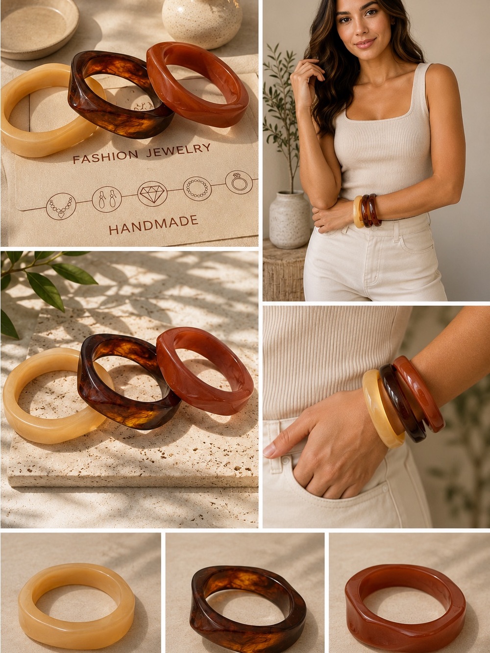 Fashion Jewelry Three-Piece Resin Bangle Set - Cream, Amber & Brown